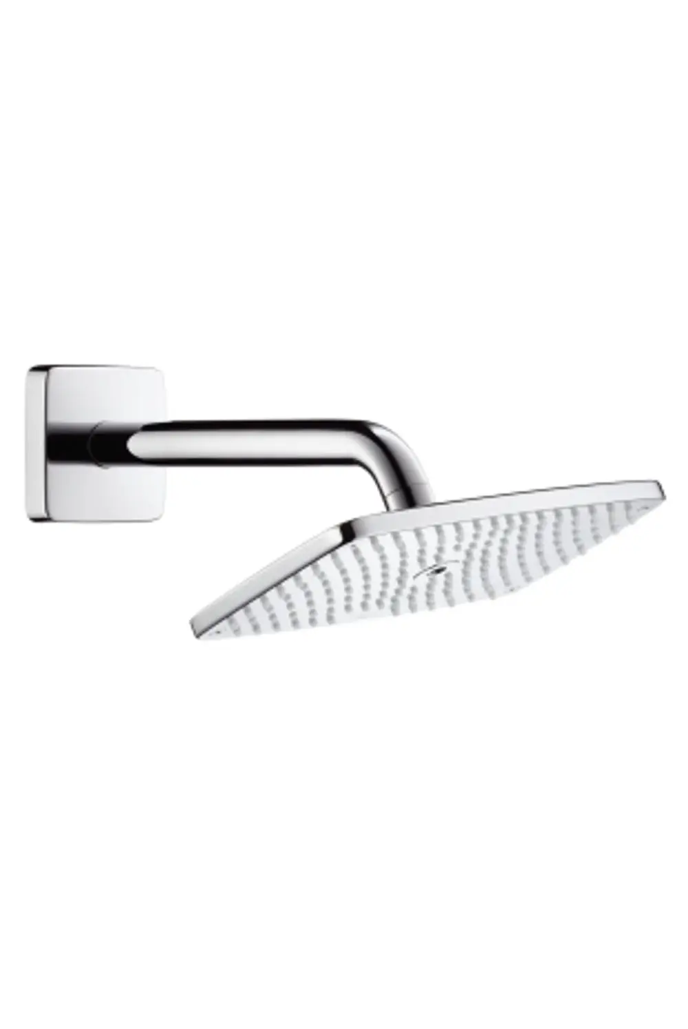 Hansgrohe Kopfbrause mit flachem, quadratischem Kopf und Brausearm in Chrom. Die Oberflächenstruktur zeigt gleichmäßig verteilte Düsen.